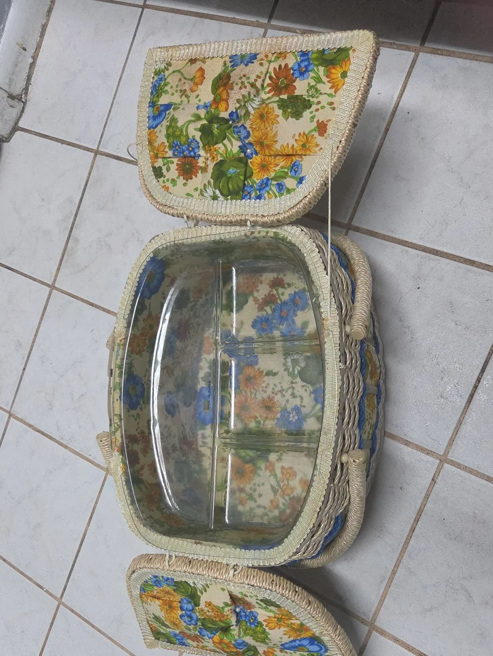 Vintage 1970s Floral Wicker Sewing Basket Double Handle Double Lid Mid Century
